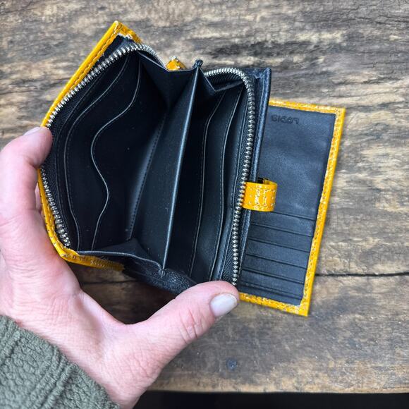 Lodis Mustard Yellow Patent Leather Wallet Perforated Bifold Zip Coin Pocket - Picture 10 of 11